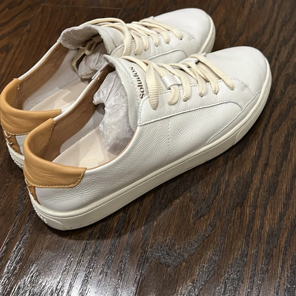 Soludos White and Tan Leather Athletic Sneakers
